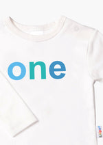 Kinder-Langarmshirt in ecru mit "one" in blau
