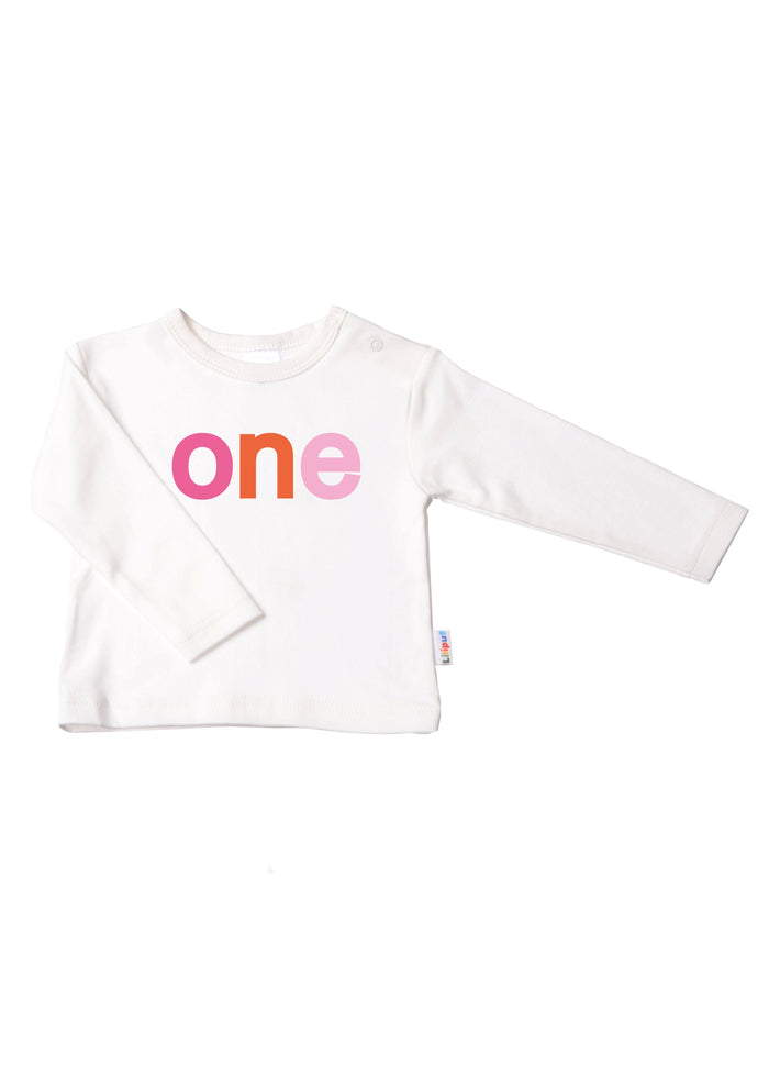 Kinder-Langarmshirt in ecru mit "one" in bunt
