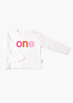 Kinder-Langarmshirt in ecru mit "one" in bunt