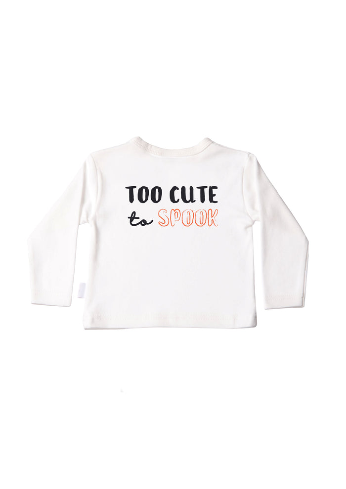 Langarmshirt in ecru mit too cute to spook (Rückseite)