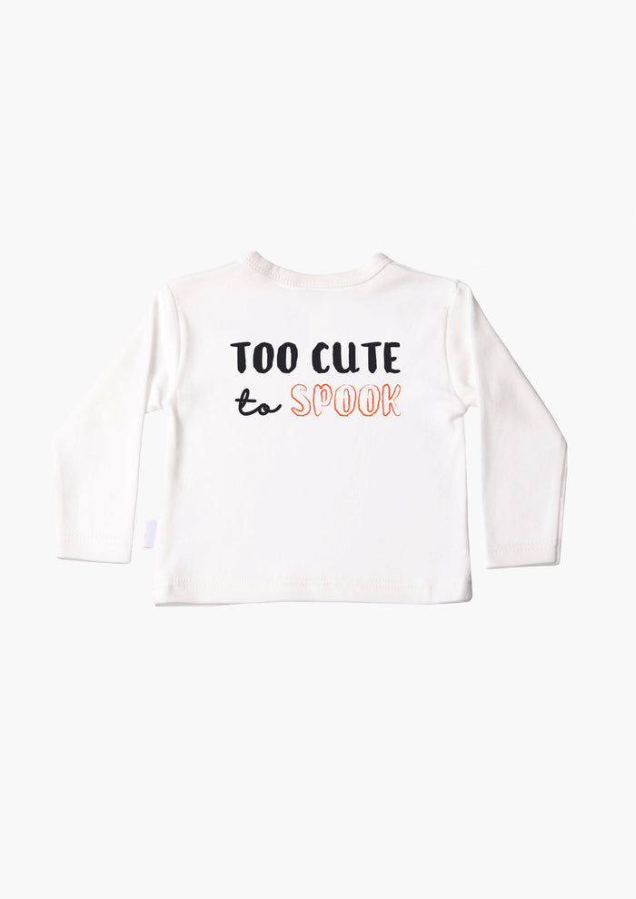 Langarmshirt in ecru mit too cute to spook (Rückseite)