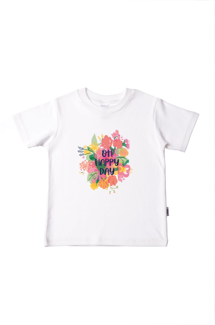 Weißes T-Shirt mit dem Aufdruck Oh happy day und bunten Blumen