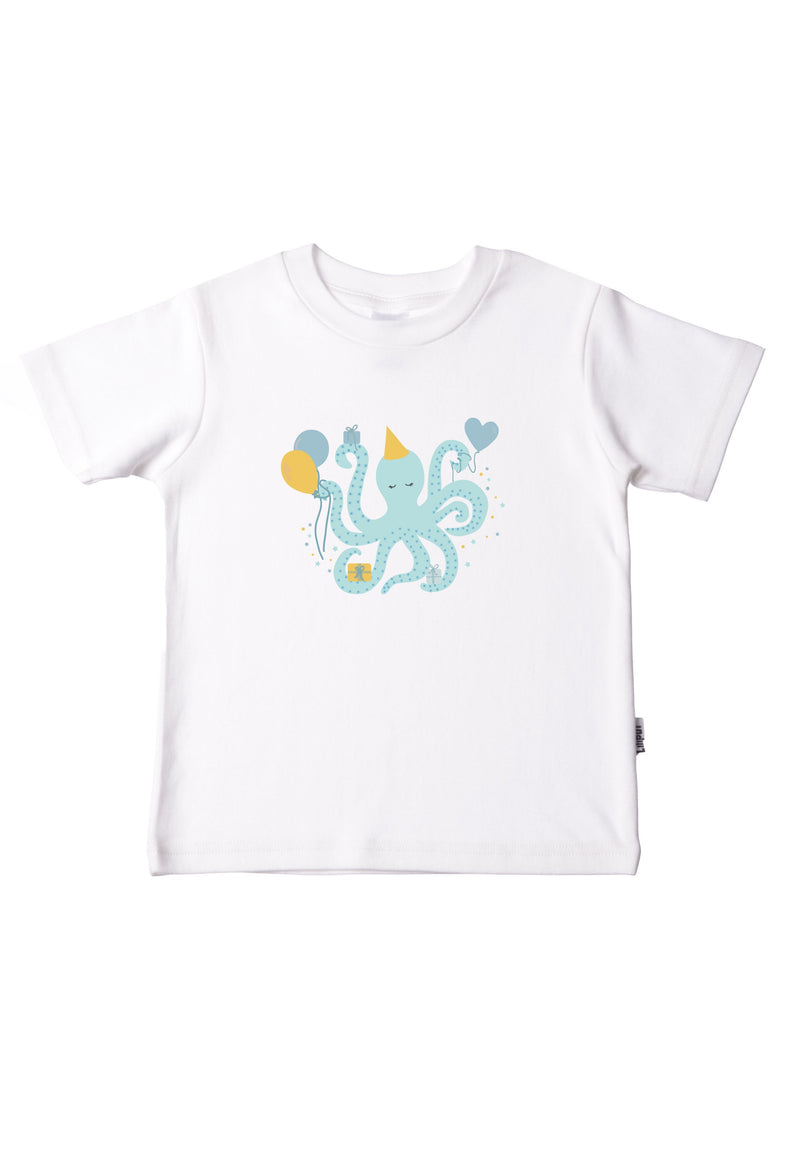 Kinder-T-Shirt aus Bio-Baumwolle in weiß mit Kraken-Druck