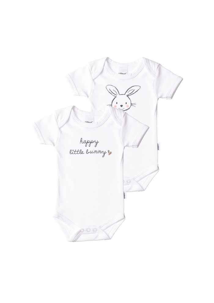 Doppelpack Bodys, weiß, kurzarm mit Druck Happy little bunny und Hase