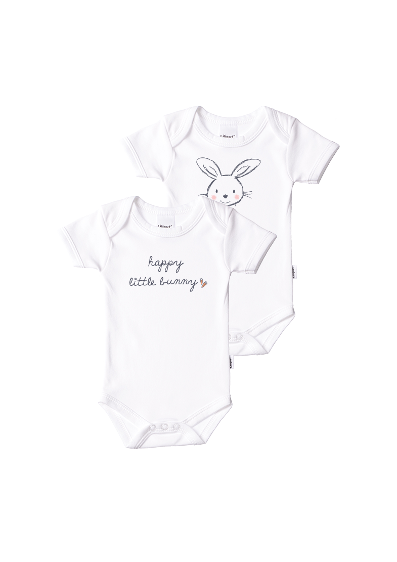 Doppelpack Bodys, weiß, kurzarm mit Druck Happy little bunny und Hase