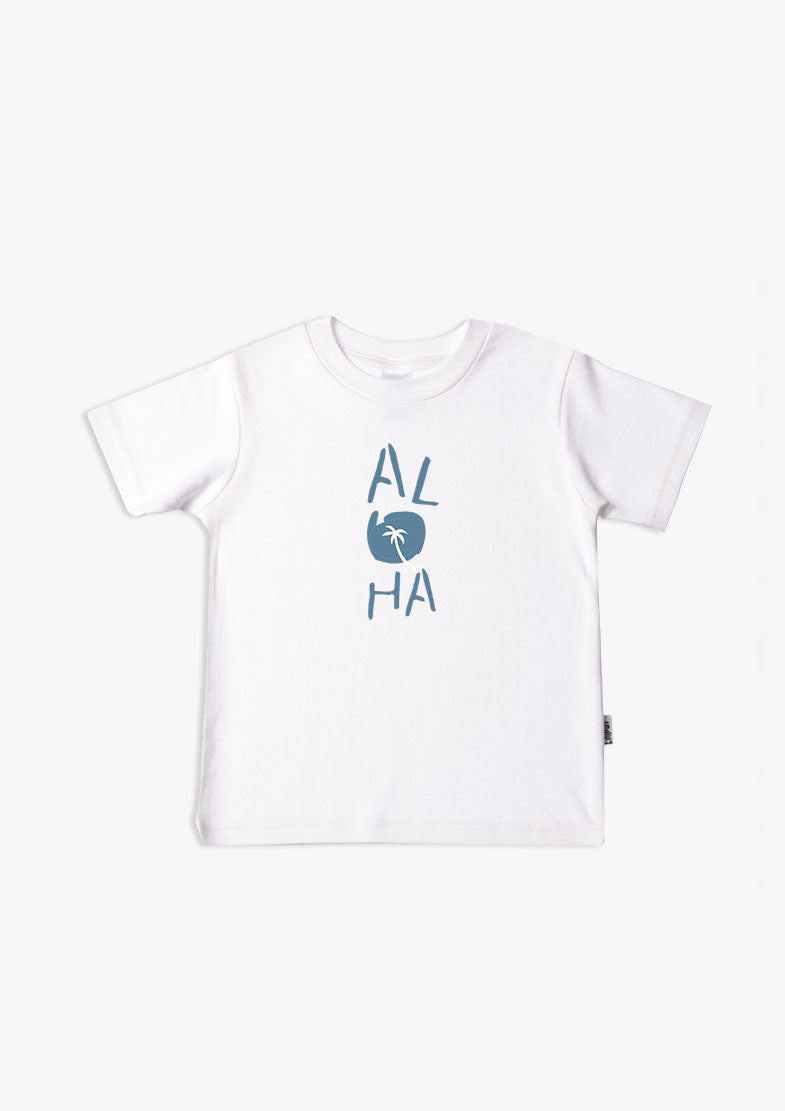 Kinder-T-Shirt aus Bio-Baumwolle in weiß mit Aloha