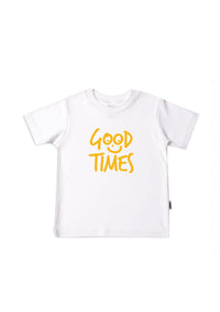 Kinder-T-Shirt aus Bio-Baumwolle in weiß mit Good Times in gelb