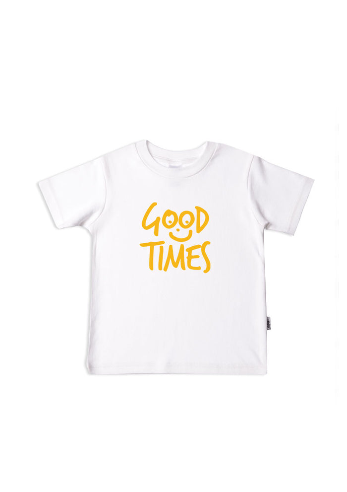 Kinder-T-Shirt aus Bio-Baumwolle in weiß mit Good Times in gelb
