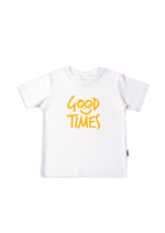 Kinder-T-Shirt aus Bio-Baumwolle in weiß mit Good Times in gelb