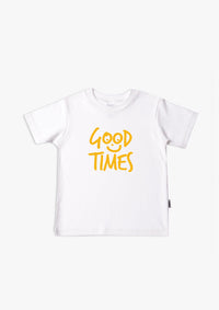 Kinder-T-Shirt aus Bio-Baumwolle in weiß mit Good Times in gelb