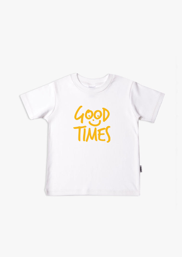 Kinder-T-Shirt aus Bio-Baumwolle in weiß mit Good Times in gelb