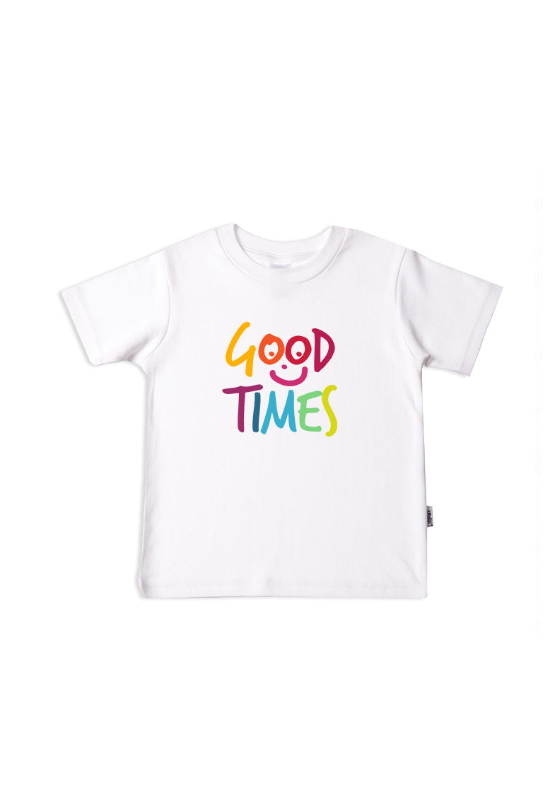Kinder-T-Shirt aus Bio-Baumwolle in weiß mit Good Times in rainbow