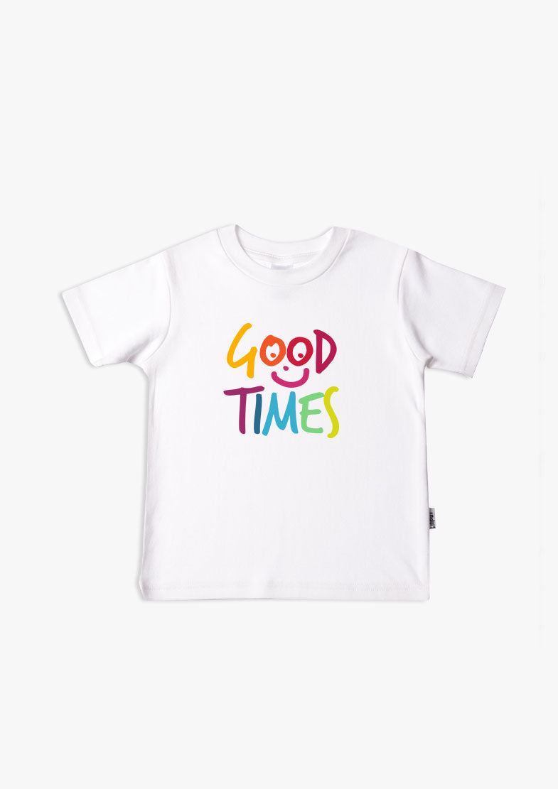 Kinder-T-Shirt aus Bio-Baumwolle in weiß mit Good Times in rainbow