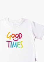 Kinder-T-Shirt aus Bio-Baumwolle in weiß mit Good Times in rainbow