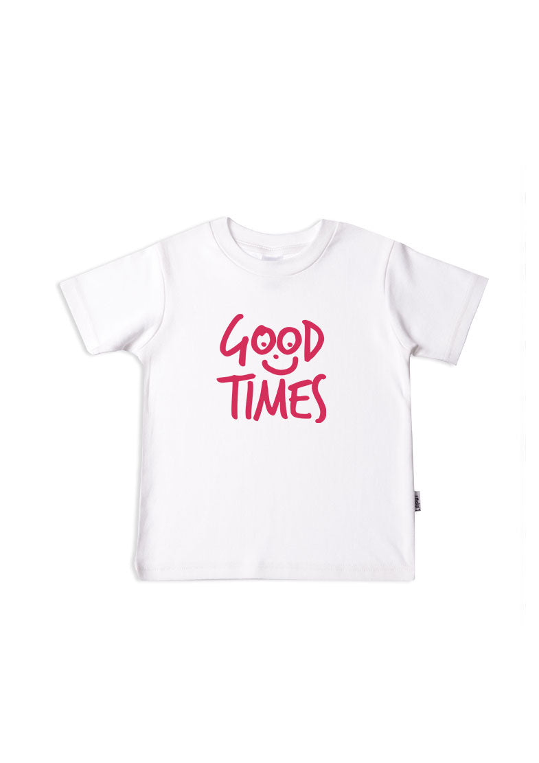 Kinder-T-Shirt aus Bio-Baumwolle in weiß mit Good Times in pink