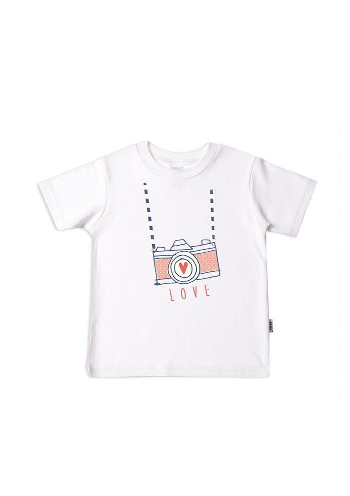 Kinder-T-Shirt aus Bio-Baumwolle in weiß mit Kamera