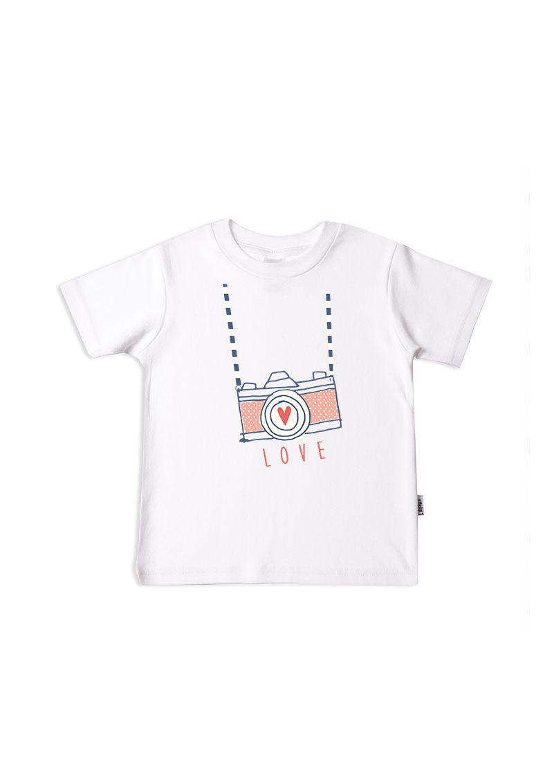 Kinder-T-Shirt aus Bio-Baumwolle in weiß mit Kamera