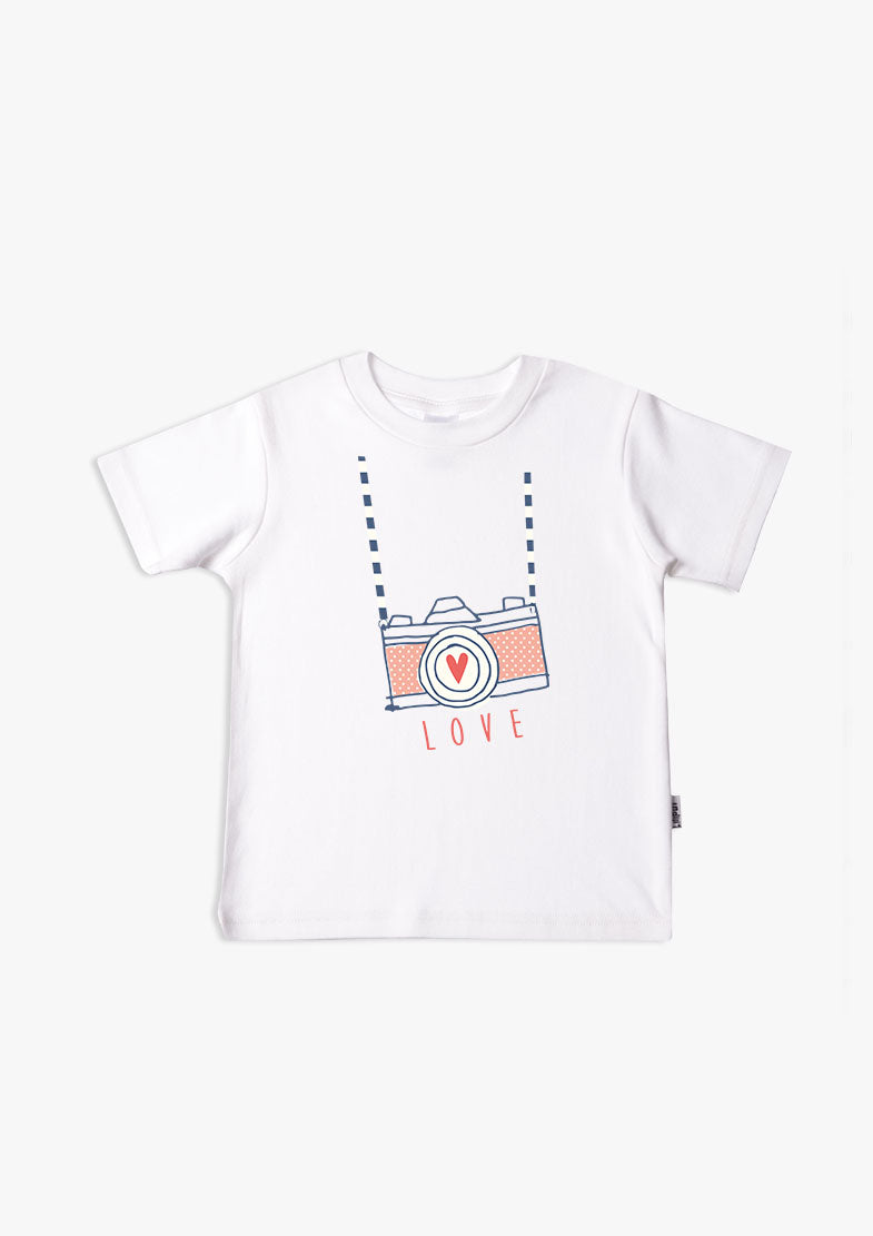 Kinder-T-Shirt aus Bio-Baumwolle in weiß mit Kamera