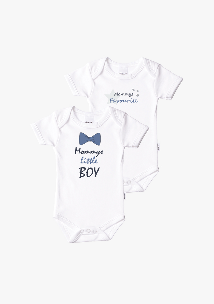 2er-Pack Kurzarm-Amineckbodys in weiß mit Mommys little Boy