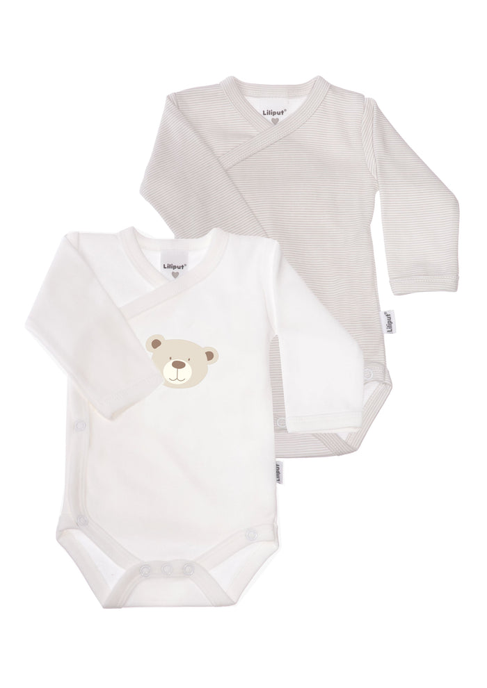 2er-Pack Langarm-Wickelbodys in gestreift und mit Teddy