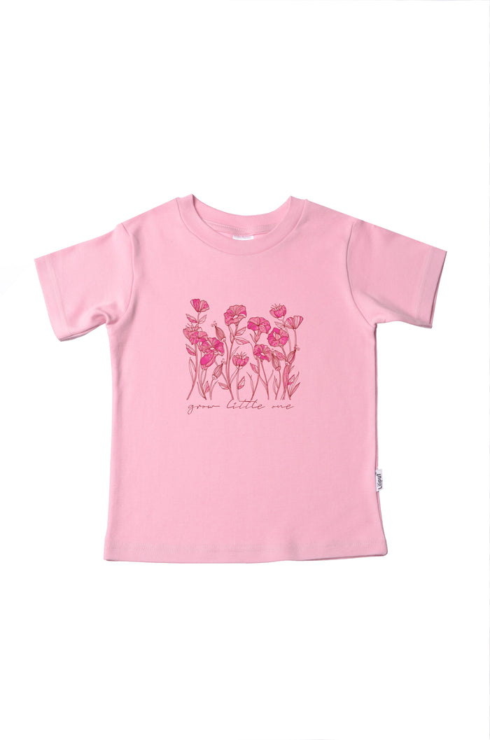 Rosa T-Shirt aus Bio Baumwolle mit Blümchen Druck und dem Wording "grow little one"