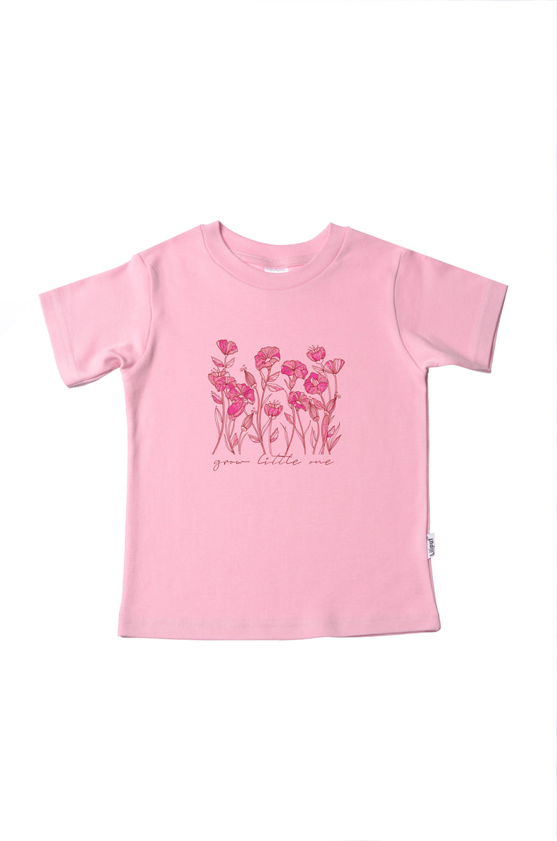 Rosa T-Shirt aus Bio Baumwolle mit Blümchen Druck und dem Wording "grow little one"