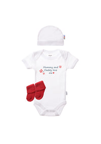 3-teiliges Set, Kurzarmbody mit "Mummy and Daddy love me"