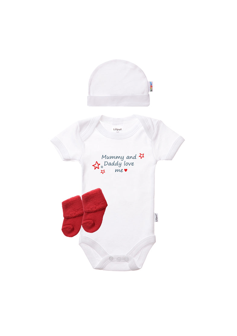 3-teiliges Set, Kurzarmbody mit "Mummy and Daddy love me"