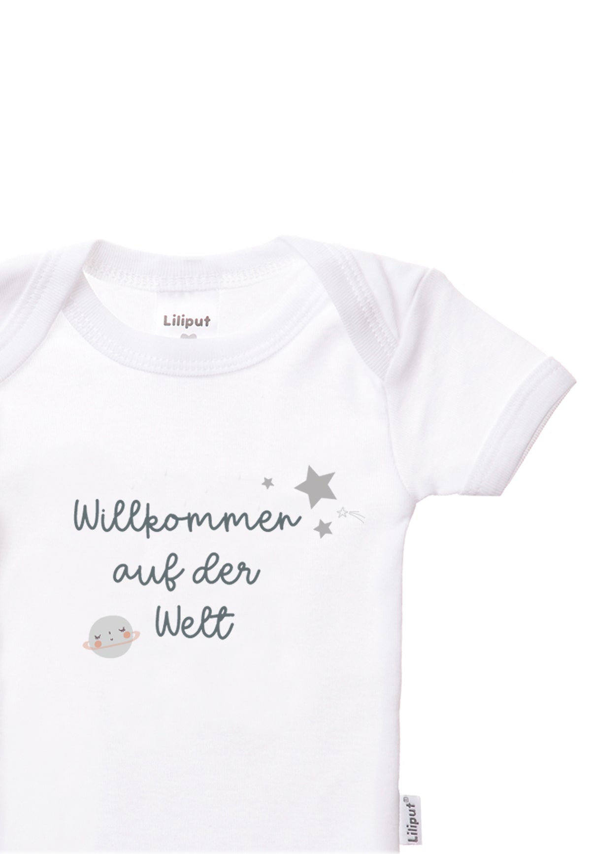 2er-Pack Kurzarm-Amineckbodys in grau-melange und weiß mit Print Willkommen