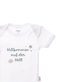 2er-Pack Kurzarm-Amineckbodys in grau-melange und weiß mit Print Willkommen