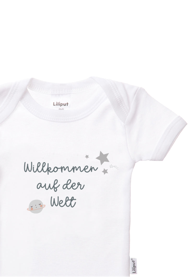 2er-Pack Kurzarm-Amineckbodys in grau-melange und weiß mit Print Willkommen