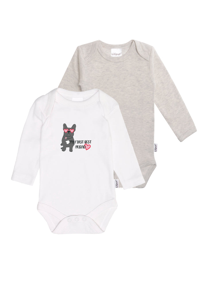 2er-Pack Langarmbodys in grau-melange und weiß mit Frenchie