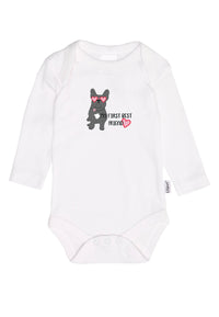 2er-Pack Langarmbodys in grau-melange und weiß mit Frenchie