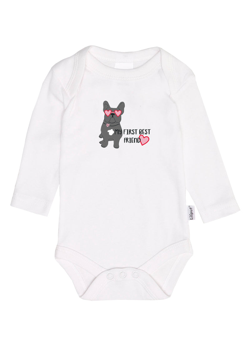 2er-Pack Langarmbodys in grau-melange und weiß mit Frenchie
