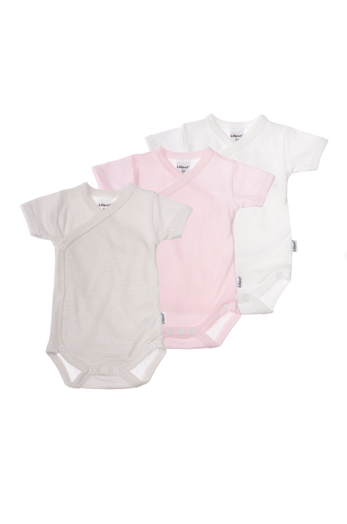 3er-Pack Kurzarm-Wickelbodys in Rosa und Grau-gestreift