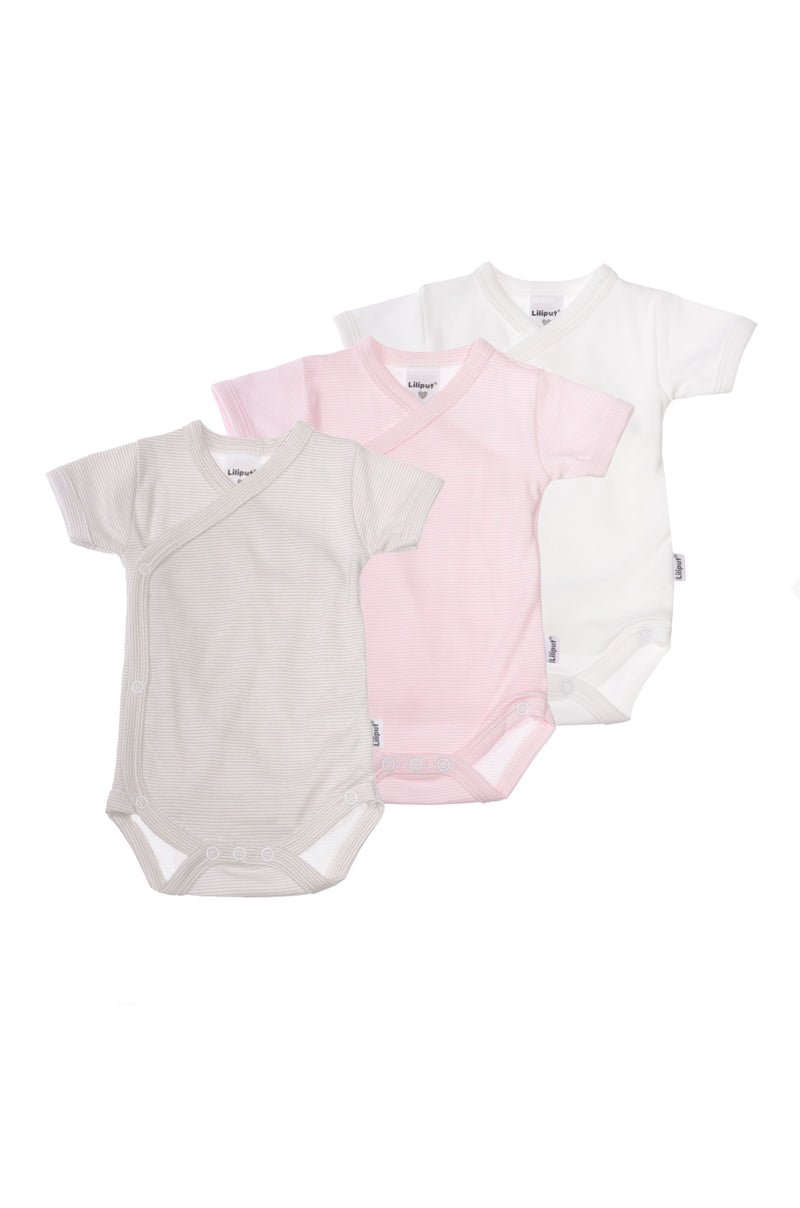 3er-Pack Kurzarm-Wickelbodys in Rosa und Grau-gestreift