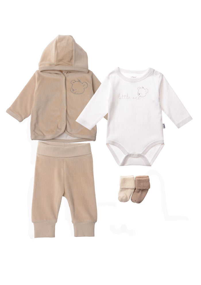 Kuscheliges Erstlingsset aus Velour in beige mit mit Teddystickerei, 5-teilig