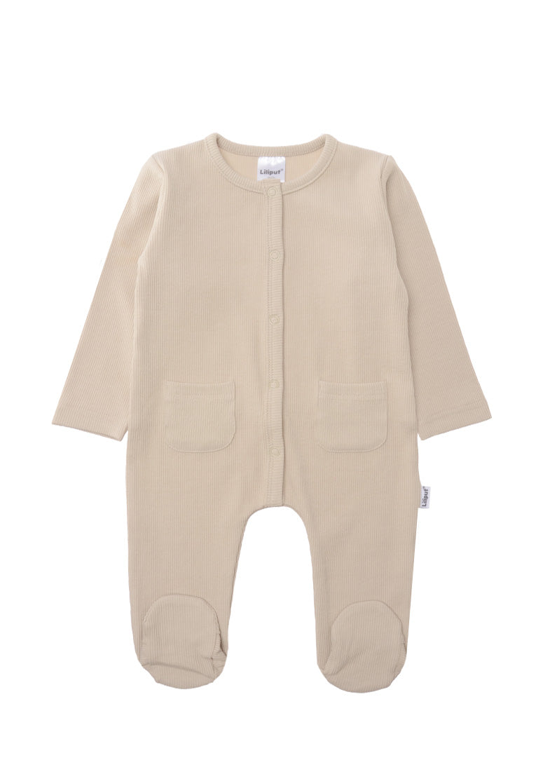 Babyoverall in Rippenoptik mit aufgesetzten Taschen in beige