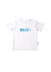 weißes T-Shirt aus Bio-Baumwolle mit buntem Wording "Moin" in blau Nuancen