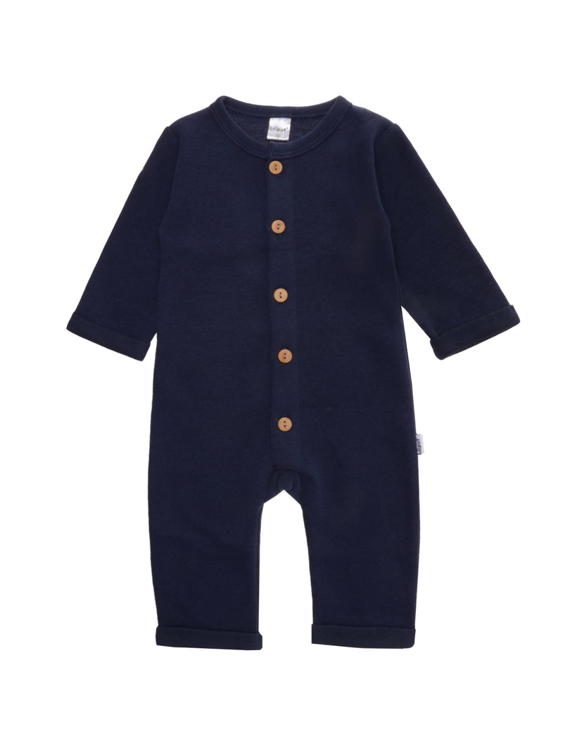Ribstrick Overall in marine mit Holzknöpfen