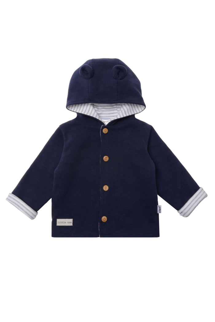 Rib Strick Jacke in marine mit hellgrau-weißem Futter und niedlichen Ohren auf der Kapuze