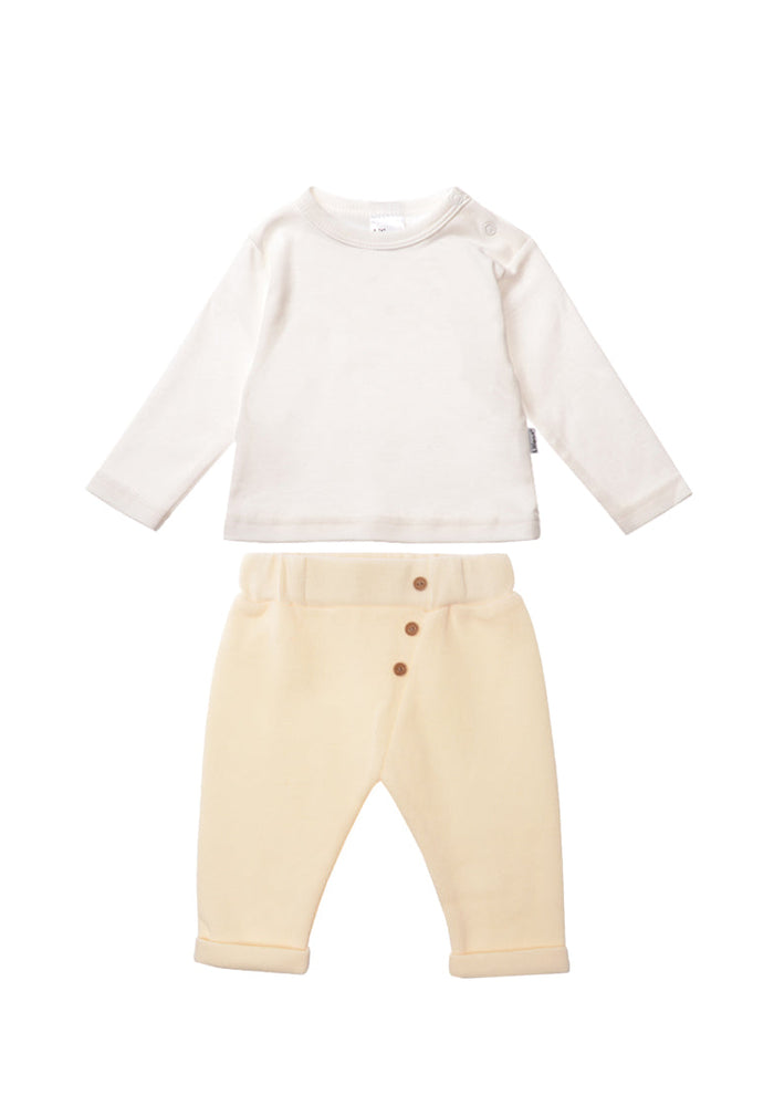 2 teiliges Ribstrick Set aus Hose und passendem Langarmshirt in ecru
