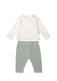 Rib Strick Set bestehend aus Hose in schilf und Langarmshirt in ecru