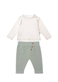Rib Strick Set bestehend aus Hose in schilf und Langarmshirt in ecru