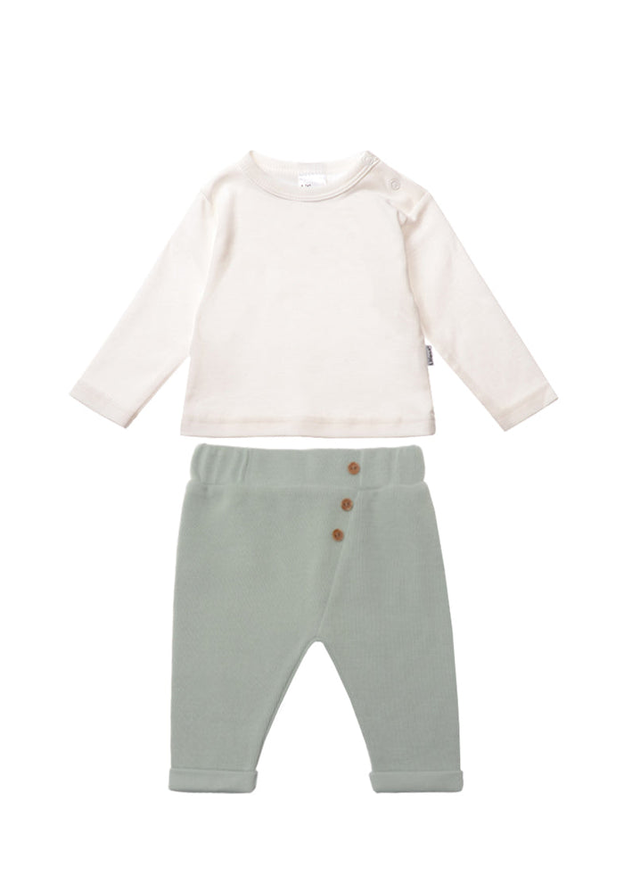 Rib Strick Set bestehend aus Hose in schilf und Langarmshirt in ecru