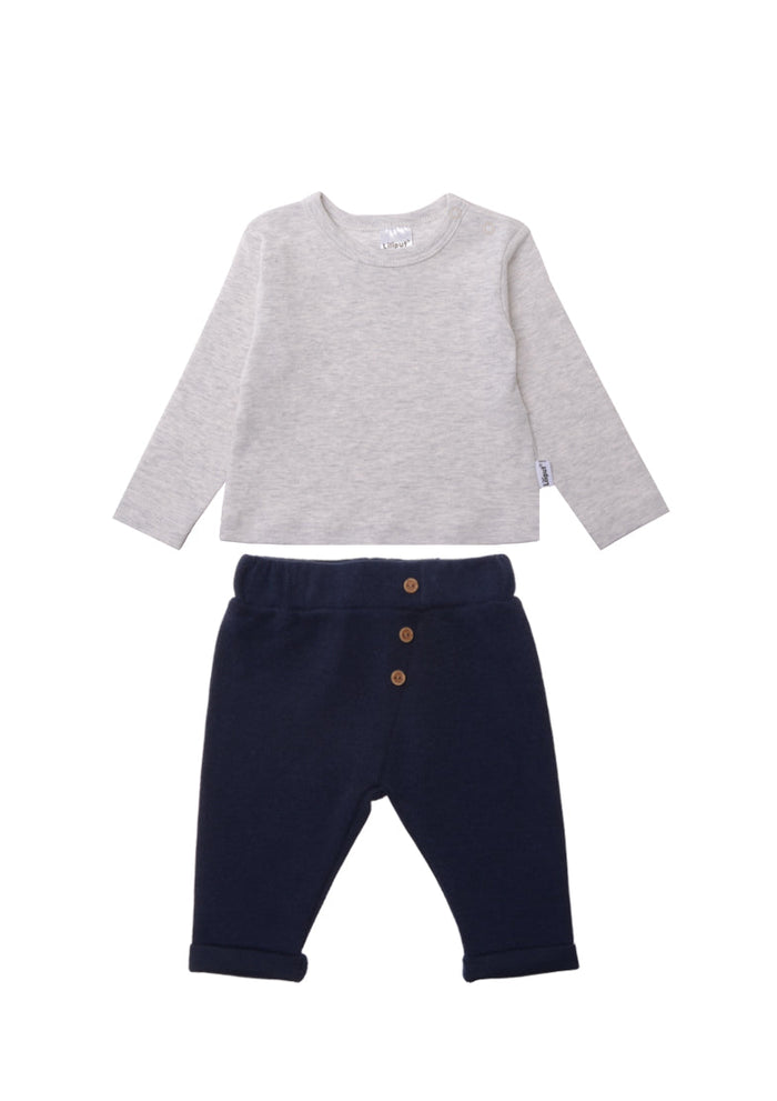 Ribstrick Set bestehend aus Hose in marine und Langarmshirt in grau melange