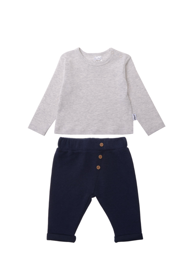 Ribstrick Set bestehend aus Hose in marine und Langarmshirt in grau melange