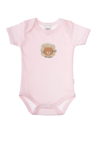 Kurzarmbody in rosa gestreift mit Löwen Print