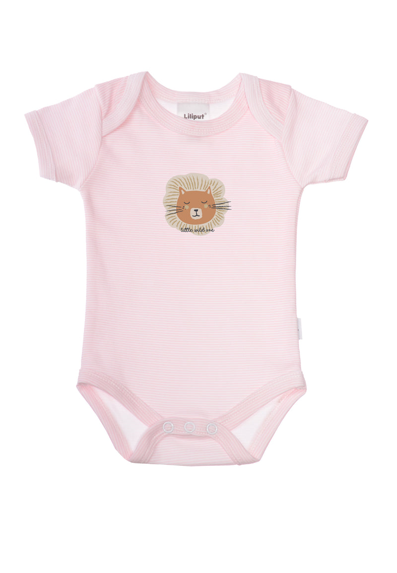 Kurzarmbody in rosa gestreift mit Löwen Print