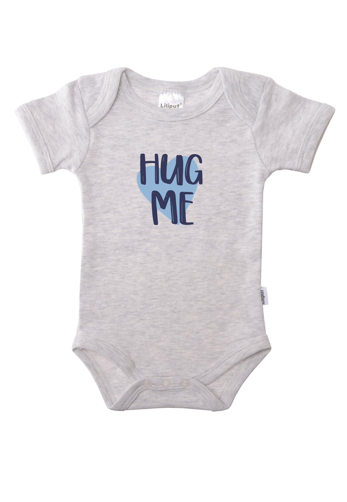 Kurzarmbody in grau melange mit Frontprint "hug me" in marine.
